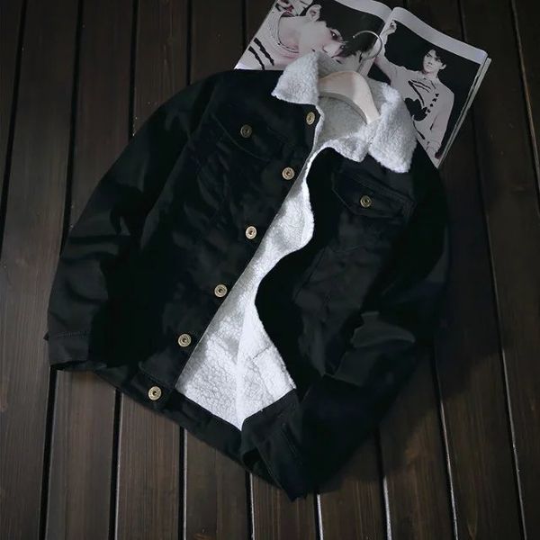 

tg6375 wholesale 2017 new lambs wool denim jacket add hair thickening male warm cotton-padded jacket, Black;brown