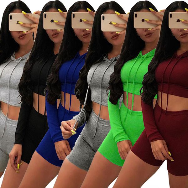 

womens designer tracksuits 2 two piece outfits set long sleeve hooded crop skinny biker shorts sportswear work out plus size clothing, Gray