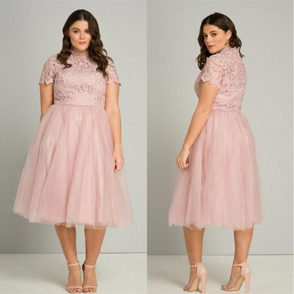 

pink plus size prom dresses high neck pink lace appliqued formal evening gowns short sleeve special occasion party dress sd3454, Black