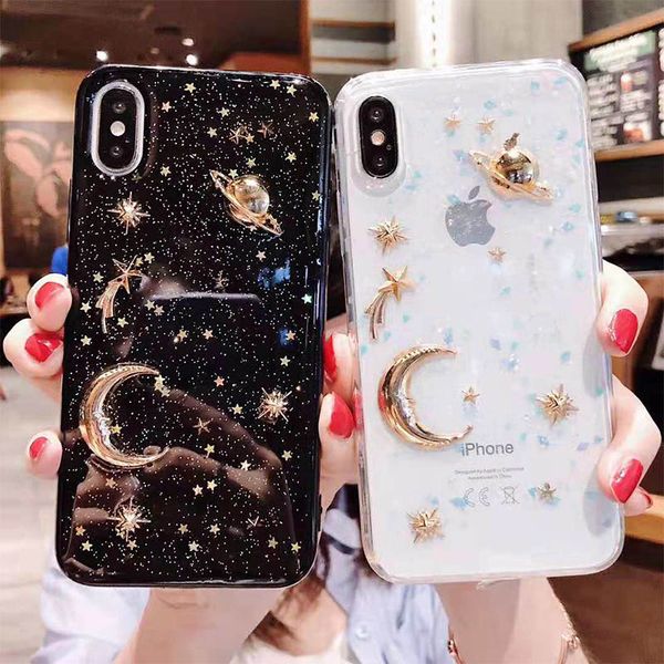 Protection Mobile Une Pièce Dor Lune étoiles Planètes Cas De Téléphone De Concepteur Pour Iphone Xs Max Xr 6 S 7 8 Plus Bling Paillettes Nuit étoilée