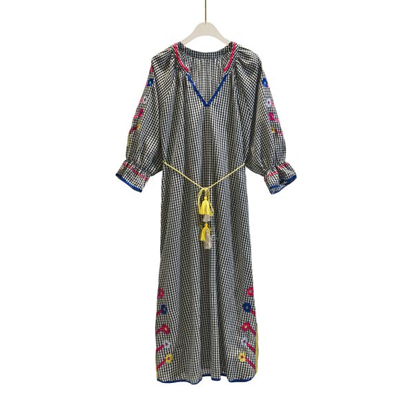 

vintage chic vestidos boho dress linen cotton plaid floral embroidery beach bohemian maxi dress ladies v neck summer, Black;gray