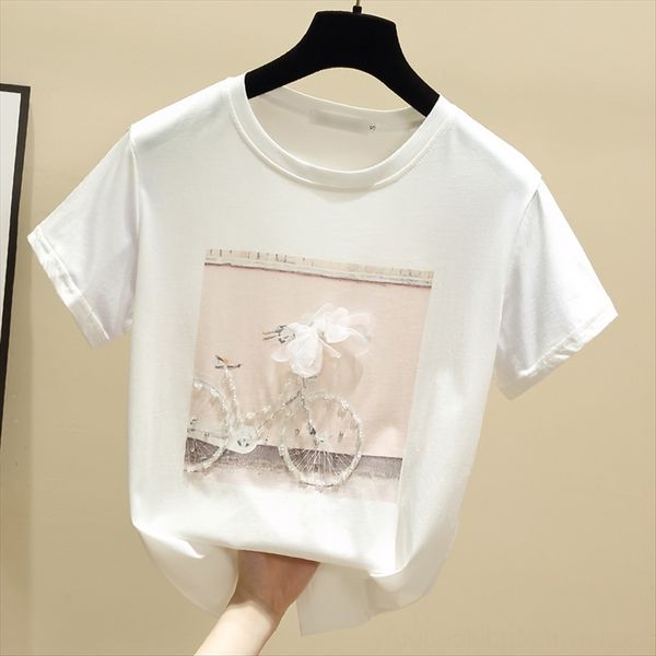 

2020 short-sleeved t-shirt diamond t-shirt bicycle female loose student diamond bicycle sweet hipster stereo flower summer, White
