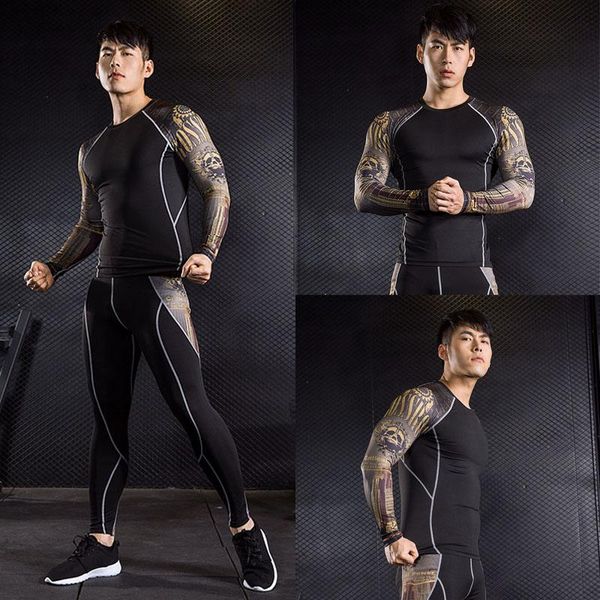 

men's running suit brand long-sleeved shirt leggings men 2 piece rashgarda compression jogging suits base layer suit kwc01, White;black