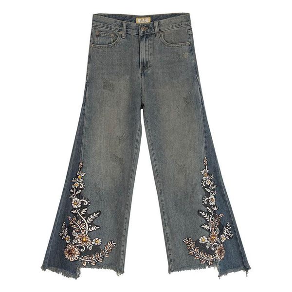 

fall spring vintage womens high waisted embroidery sequins flower irregular denim pants , women beads wide leg jeans trousers, Blue
