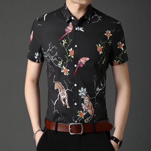 

men's casual shirts exquisite tiger butterfly pattern print fashion short sleeve shirt summer cotton high-end luxury men -3xl, White;black