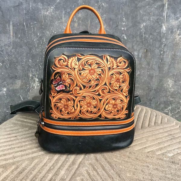 

china floral pattern genuine leather handmade engraved zipper closure female bag back women travel backpack lady flower backpack