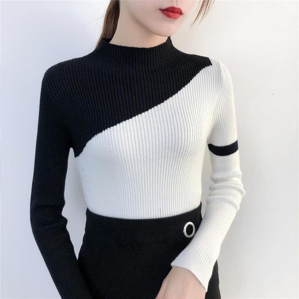 

color block sweaters and pullovers women autumn winter basic long sleeve stand collar knitted female ribbed sweater, White;black