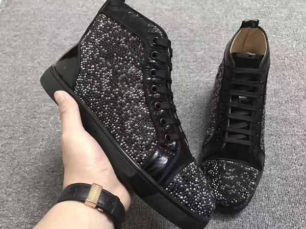

full rhinestone flats skate fashion men black leather high red bottom strass sneaker shoes party wedding footwear walking trainers