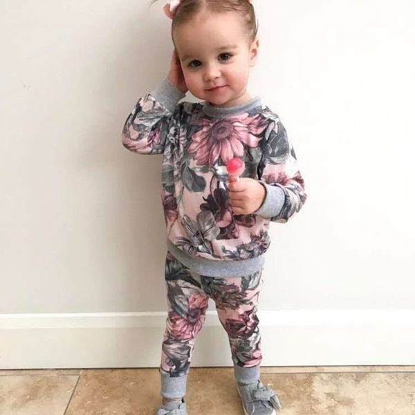

baby girl весна осень наборы цветочный принт с длинным рукавом топ брюки комплект дети двухсекционный наряд круглый воротник чистый хлопок н, White