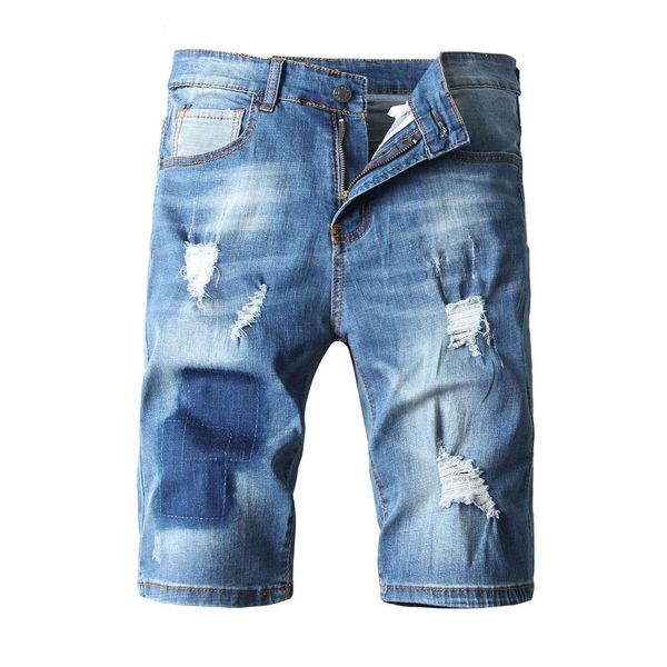 

men jeans hole bleached distressed washed knee-length scratched 2019 summer male ripped male cowboy pants, Blue