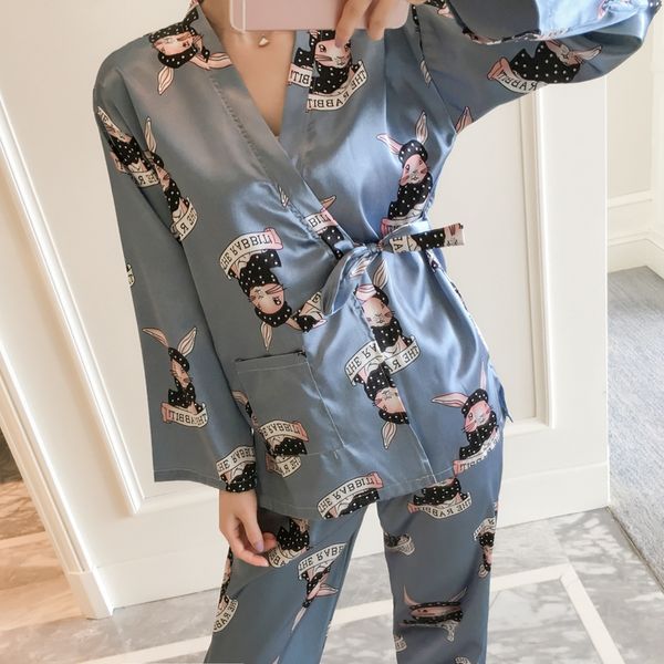 

2018 new autumn silk japanese kimono pajama sets for women long sleeve pyjama cartoon print pijama lounge homewear home clothing, Blue;gray