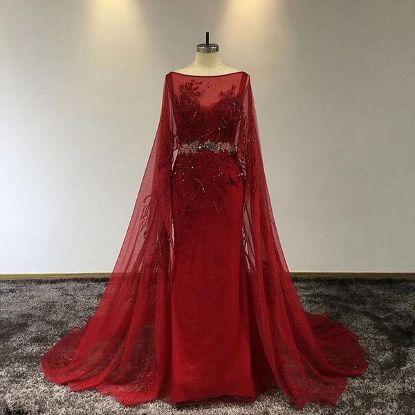 

vintage red lace appliuqed mermaid prom dresss luxury beaded evening gown with shawl long formal party pageant dresses, Black;red