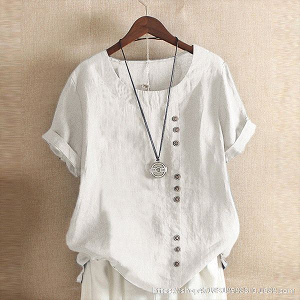 

2019 size casual loose cotton clothing pullover and linen short sleeve pullover t-shirt cotton and linen women's clothing, White