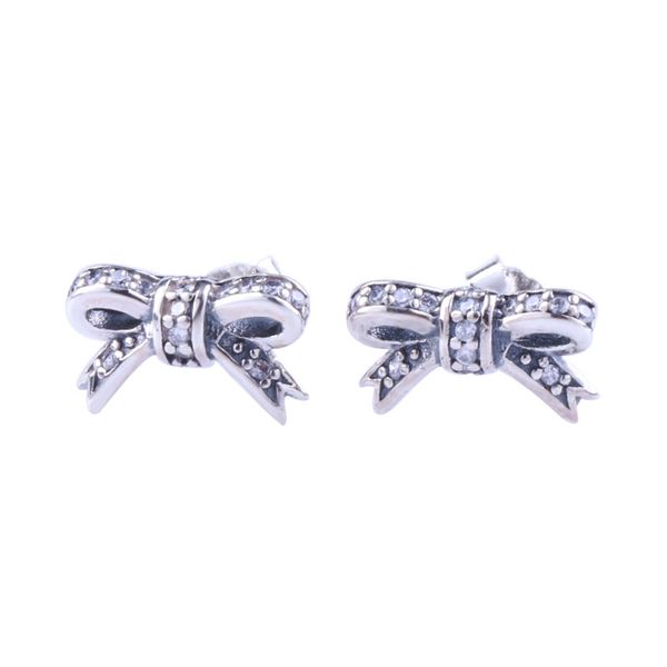 Simpatici orecchini a bottone con fiocco piccolo set di scatole al dettaglio Orecchino regalo con diamanti CZ da donna in argento sterling 925 di alta qualità