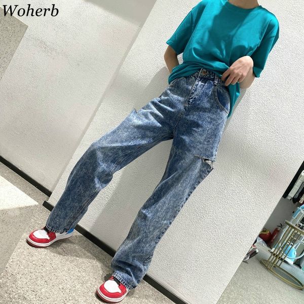 

woherb high waist jeans fashion women's clothing knife cut wide leg denim pants hollow out loose casual pantalon streetwear, Blue