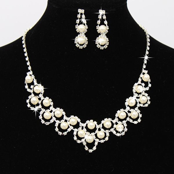 

women necklace earrings set crystal inlay faux pearl jewelry suit for brides kqs8, Silver
