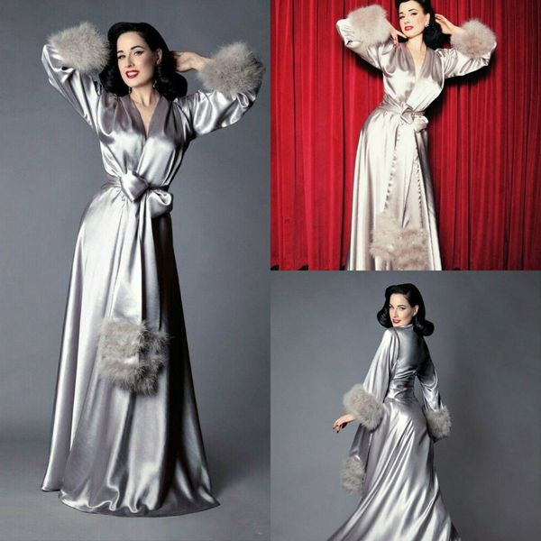 

elegant silk satin floor length night robe with feathers custom made party sleepwear 2020 bridal nightgown robes, White