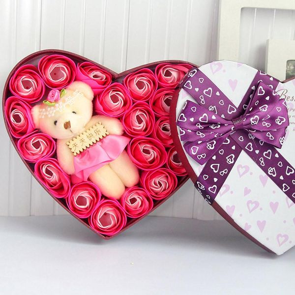 

soap flower gift box with 20pcs roses small bear doll for creative home decoration wedding party decoration gift