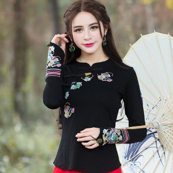 

traditional chinese clothing 2020 plus size women ethnic brand long sleeve mandarin collar black embroidery blouse shirt 529, White