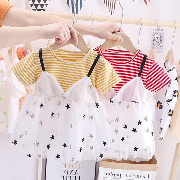 

дети дизайнер одежды платье 2020 поддельных из двух частей платья девочки 1-3 лет ребенок девочка иностранного стиль марли платье лето, Red;yellow