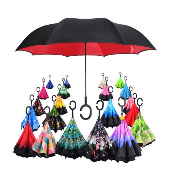 

33 pattern windproof reverse umbrella folding double layer inverted rain umbrella self stand inside out rain protection c-hook hands