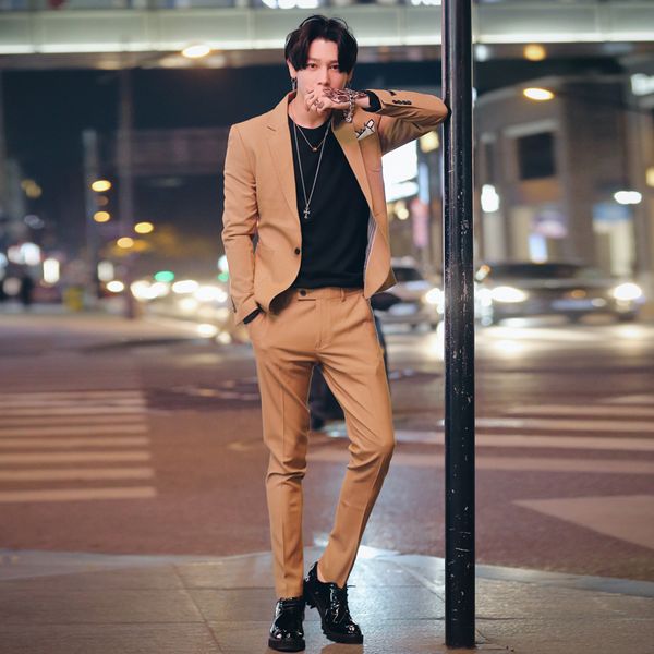 

2019 spring and summer new british style men's casual single-breasted suit two-piece suit fashion gentleman men's, White;black