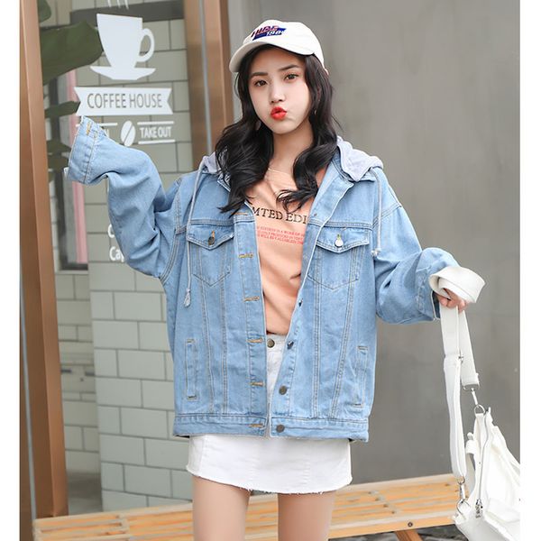 

2019 spring new women's clothes korean stitching hooded denim jacket loose short chic hong kong flavor single breasted jacket, Black;brown
