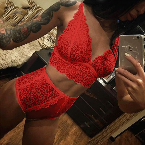 

women lingerie erotic bra set sleepwear sleeveless transparent bralette set fashion lace embroidery underwear women, Red;black