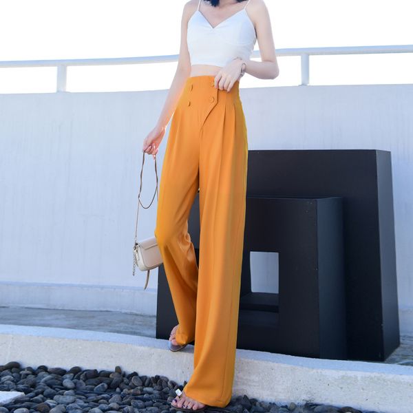 

women's pants & capris high waist casual solid color suit office lady loose wide leg straight button trousers with pockets, Black;white
