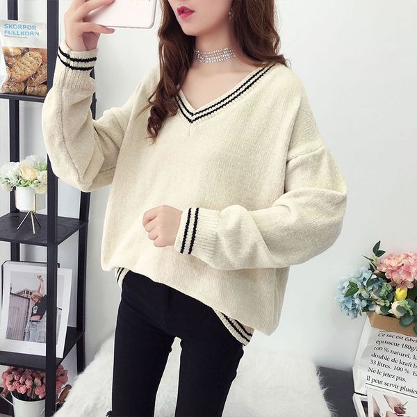 

winter loose wearing chenille sweater coat female korean fashion wild v-neck sweater new autumn women, White;black