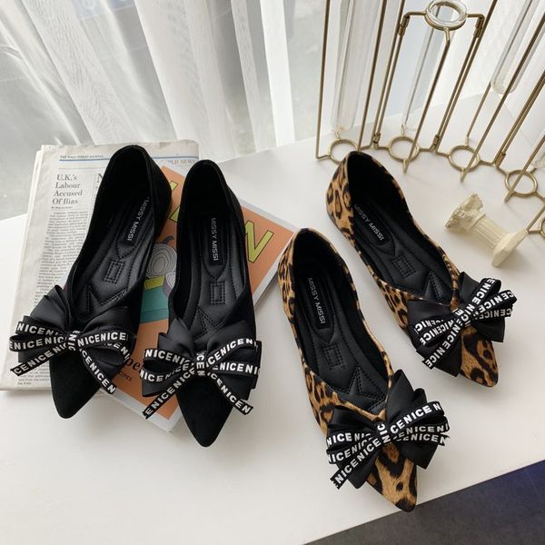 

comemore spring new ladies big bow-knot leopard printed pointed toe women loafers party office fashion casual shoes, Black