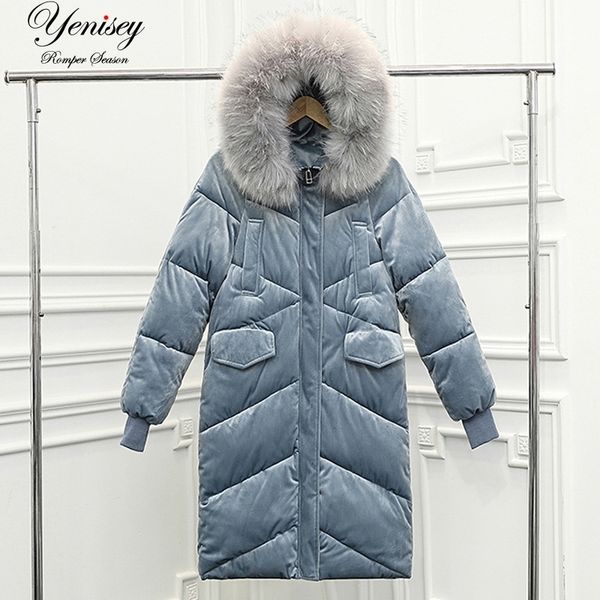 

2019 velvet down parka big collar big fur winter parka large code jacket long loose collar female y190926, Black;white