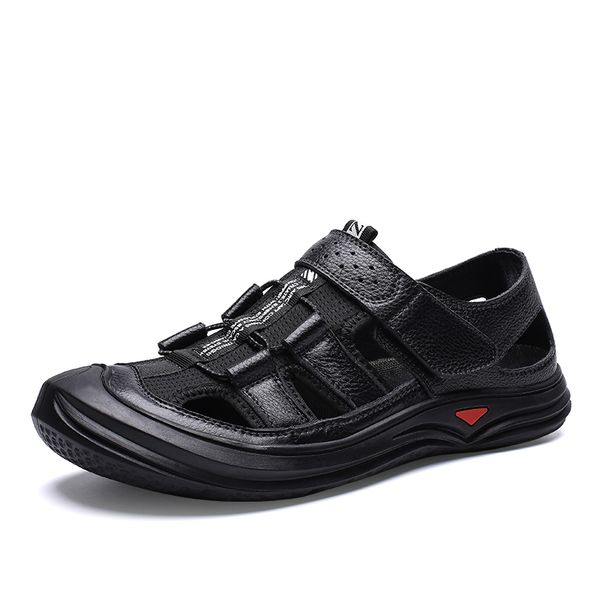 

summer mens beach sandals genuine leather soft men's casual shoes fashion breathable walking male comfortable shoe, Black