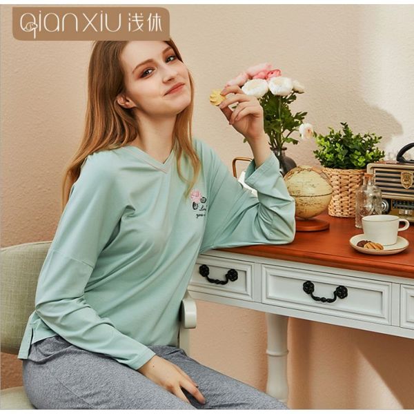 

2019 autumn women casual loosen pajama sets female long sleeve v-neck collar t shirt +pants ladies cotton sleepwear suit, Black;red