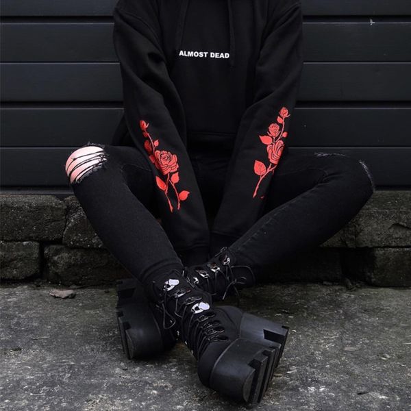 

gothic hoodies dead rose pattern sweatshirt black pullover tumblr hispter