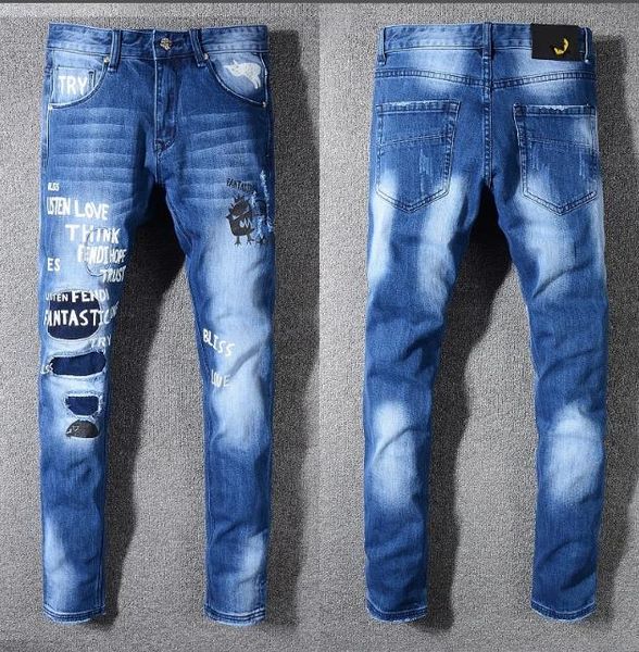 

мужские длинные джинсы 2019 новое прибытие мода хип-хоп популярные печати длинные брюки мужские молния стрейч брюки молния мульти-стиль мног, Blue