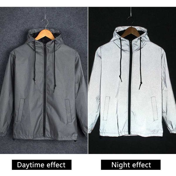 

streetwear grid black gray reflective jacket men fashion casual night glow personalized hooded slim coat male brand clothes, Black;brown
