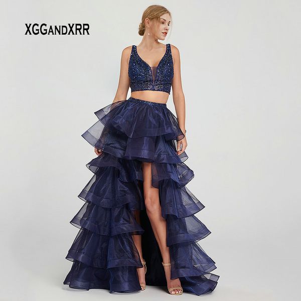 2020 Navy Blue Two Piece Prom Dress 2020 Beading Top Ruffle