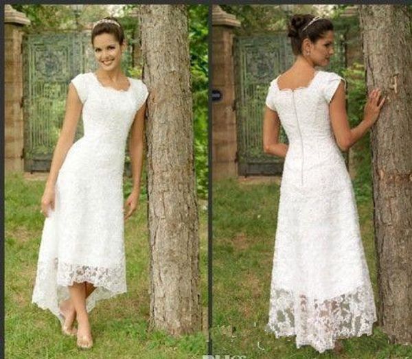 

2019 white tea length high low lace wedding dre e u neck cap leeve mode t wedding gown elegant pleat beach bridal gown cu tom made