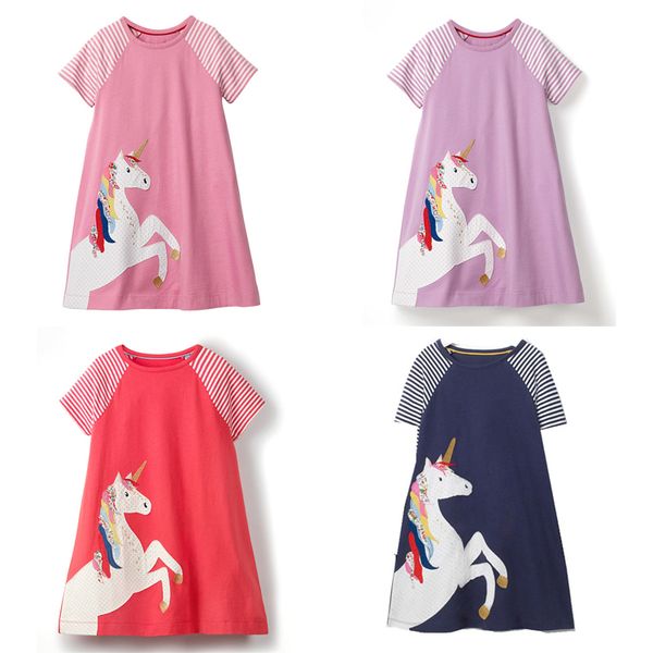 

unicorn 100% cotton cartoon striped princess dress kids designer clothes girls short sleeve dress baby clothing tunic girls dresses fj159, Red;yellow