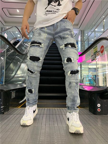 

2020 new men's designer jeans men's zipper jeans torn jeans men's designer luxury tight bike pants size hip hop pants5, Blue