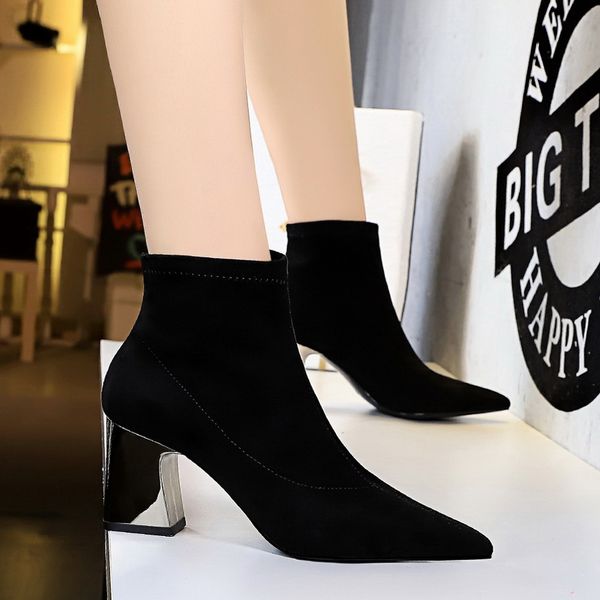 

socks boots woman shoes pointed toe ankle boot fashion high heels boot designer zapatos de mujer black