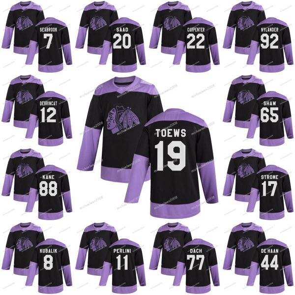 

chicago blackhawks 2019 fights cancer patrick kane lehner jonathan toews 65 shaw 77 kirby dach duncan keith gustafsson debrincat jerseys, Black;red
