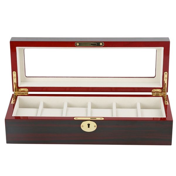 

6-slot wine red solid wood watch with lock storage box, Black;blue
