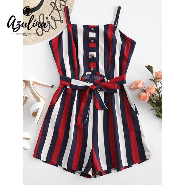 

azulina half buttoned striped cut out romper overalls summer pockets square collar sleeveless belted jumpsuit women rompers 2019, Black;white