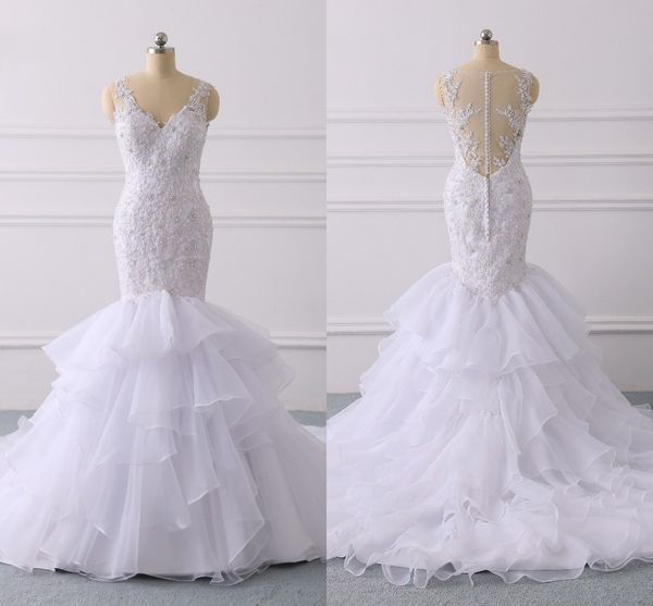 2019 imagem real ruffles vestidos de noiva sereia laço pérolas frisadas lantejoulas v-garganta abotoada zíper vestido de noiva vestido de casamento plus size personalizado