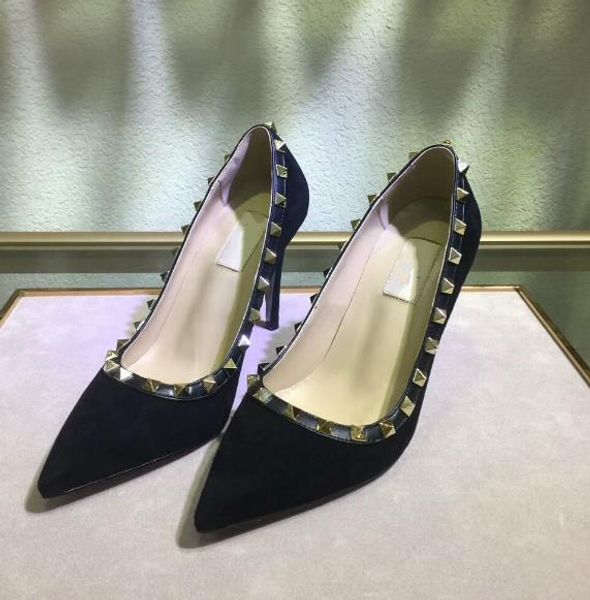 

women's high heels single shoes new heels suede wild pointed rivets shallow mouth party shoes flame ol, Black