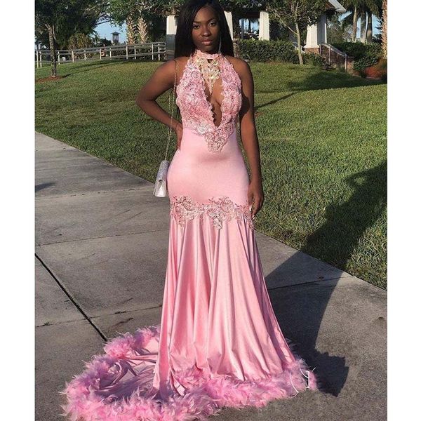 

2020 new arrival pink black girls mermaid prom dresses beaded feather prom gowns lace beaded african prom dress ballkleider