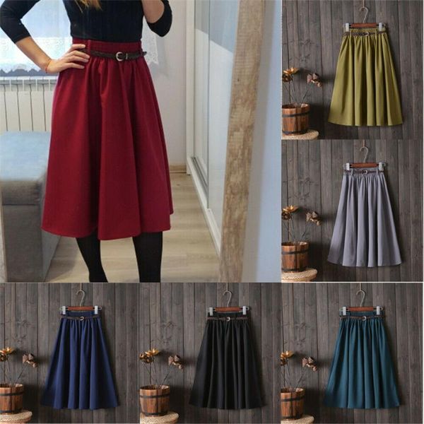 

skirts hirigin womens 2pcs retro stretch high waist flared pleated swing long skirt+belt jupe femme faldas mujer moda, Black