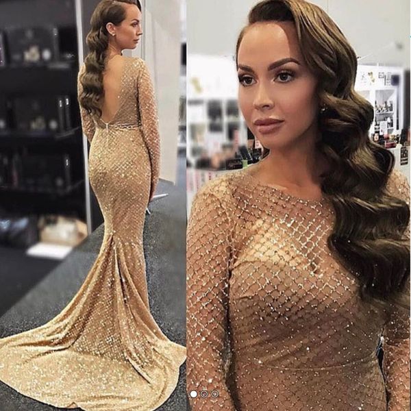 

Gold Gorgeous Backless Sexy Mermaid Prom Dresses 2019 Sequined Long Sleeve Evening Gowns Sweep Train Sparkling Special Occasion Dress A81